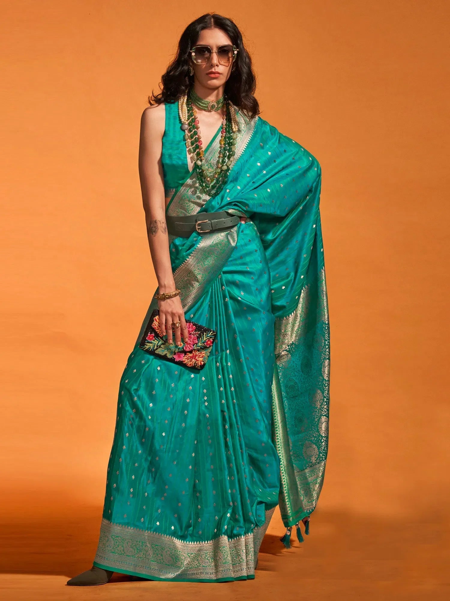 Teal Satin Saree with Blouse | Designer Sarees India