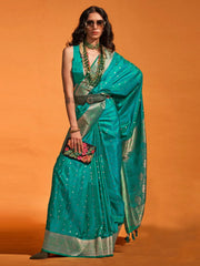 Women's Satin Teal Blue Woven Design Designer Saree With Blouse Piece-KRNAL357004