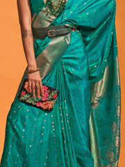 Women's Satin Teal Blue Woven Design Designer Saree With Blouse Piece-KRNAL357004