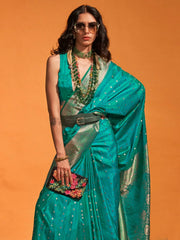 Women's Satin Teal Blue Woven Design Designer Saree With Blouse Piece-KRNAL357004