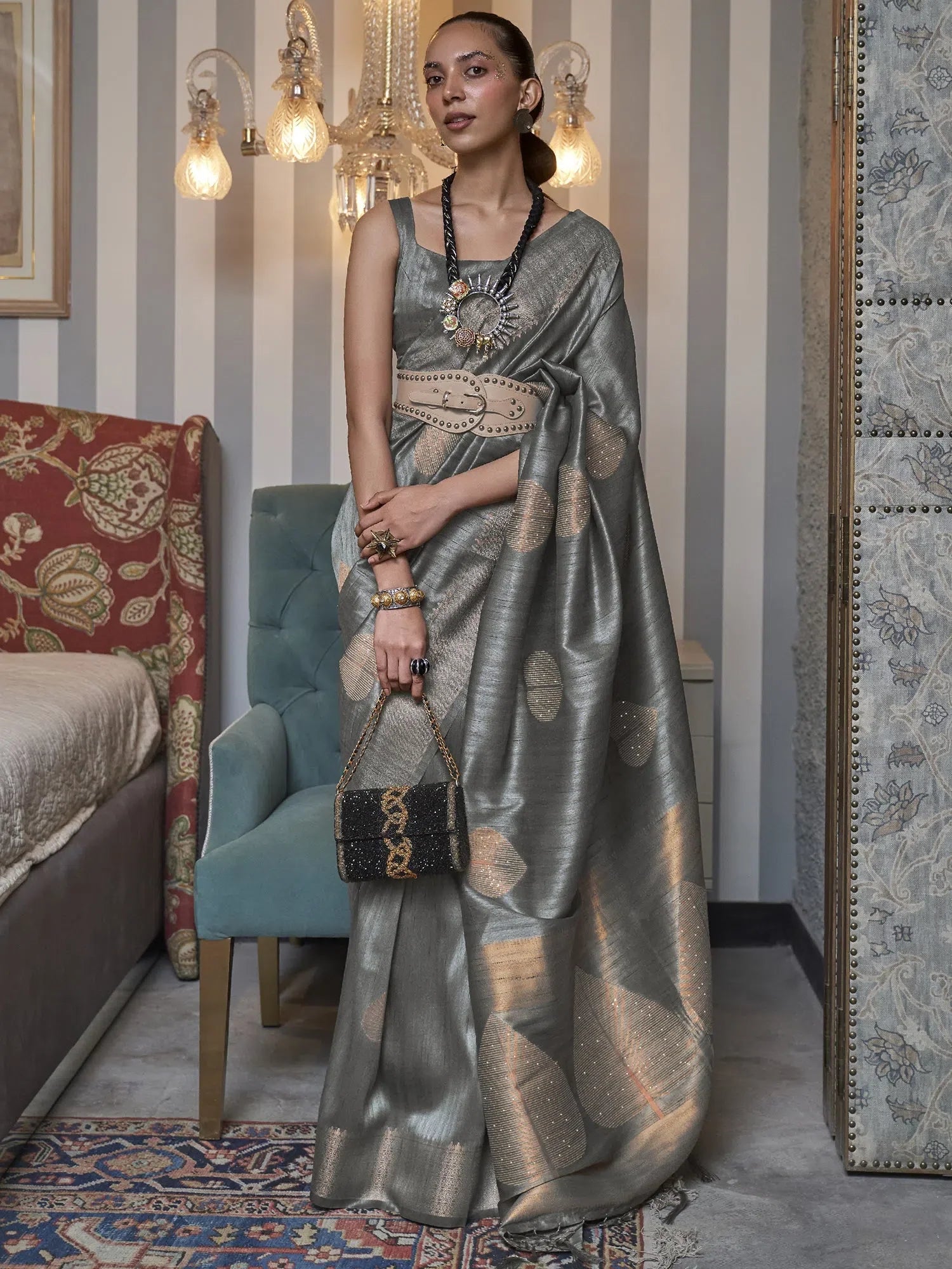 Grey Embellished Indian Sari – Elegant Polyester Designer Saree