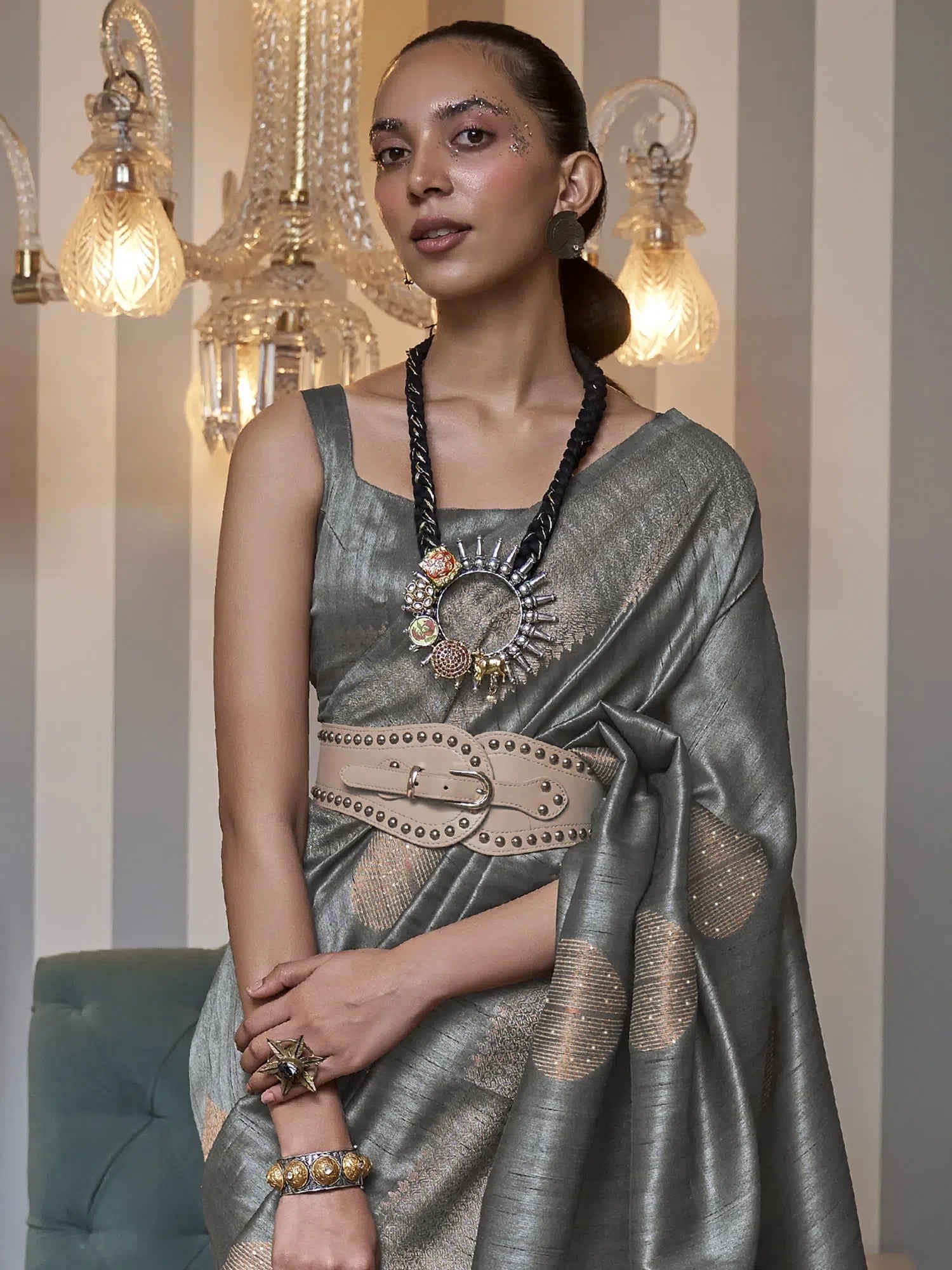 Grey Embellished Indian Sari – Elegant Polyester Designer Saree
