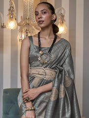 Women's Blend Grey Embellished Designer Saree With Blouse Piece-KROLNA296004
