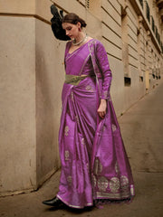 Women's Satin Purple Woven Design Designer Saree With Blouse Piece-KRONICLE344001