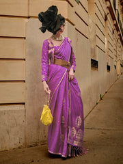 Women's Satin Purple Woven Design Designer Saree With Blouse Piece-KRONICLE344001