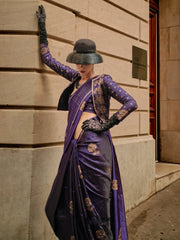 Women's Satin  Navy Blue Woven Design Designer Saree With Blouse Piece-KRONICLE344002