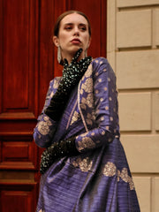 Women's Satin  Navy Blue Woven Design Designer Saree With Blouse Piece-KRONICLE344002