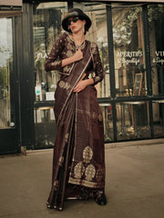 Women's Satin Brown Woven Design Designer Saree With Blouse Piece-KRONICLE344003