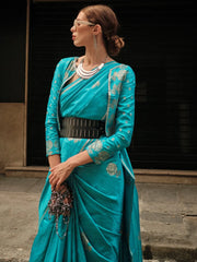 Women's Satin Blue Woven Design Designer Saree With Blouse Piece-KRONICLE344004