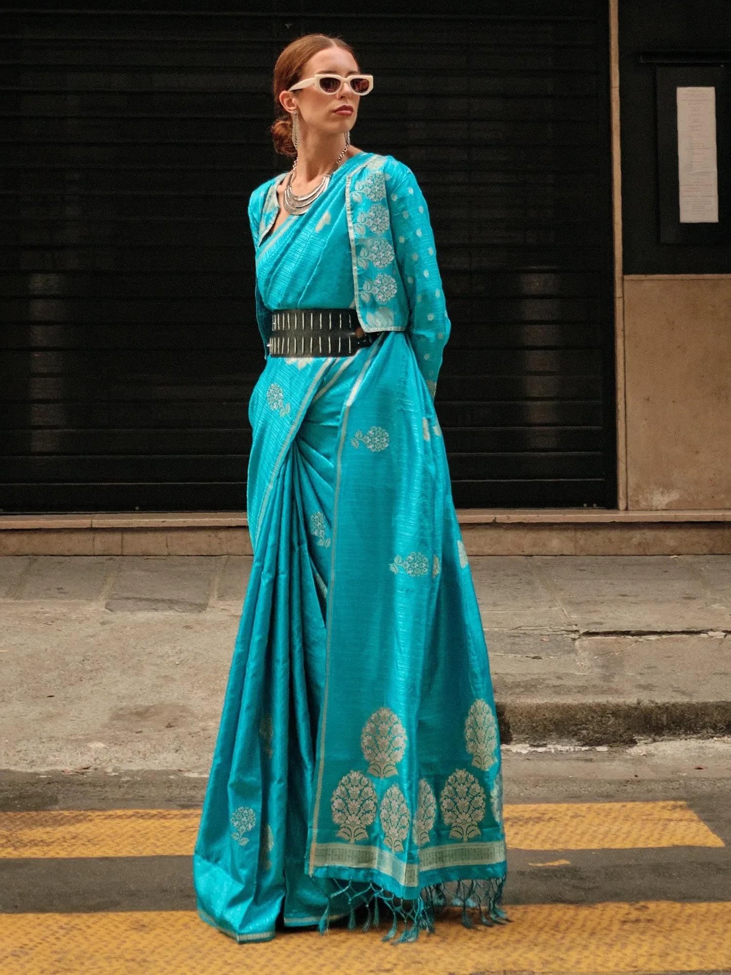 Blue Satin Saree: Designer Indian Sari with Blouse Piece