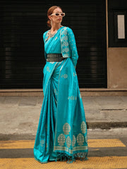 Women's Satin Blue Woven Design Designer Saree With Blouse Piece-KRONICLE344004