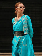 Women's Satin Blue Woven Design Designer Saree With Blouse Piece-KRONICLE344004