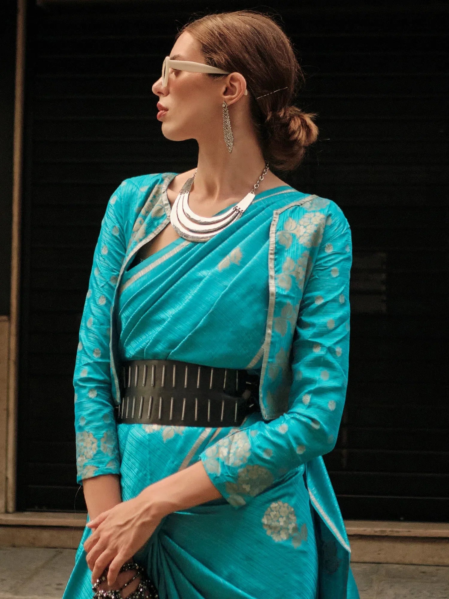 Blue Satin Saree: Designer Indian Sari with Blouse Piece