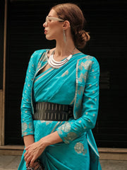 Women's Satin Blue Woven Design Designer Saree With Blouse Piece-KRONICLE344004