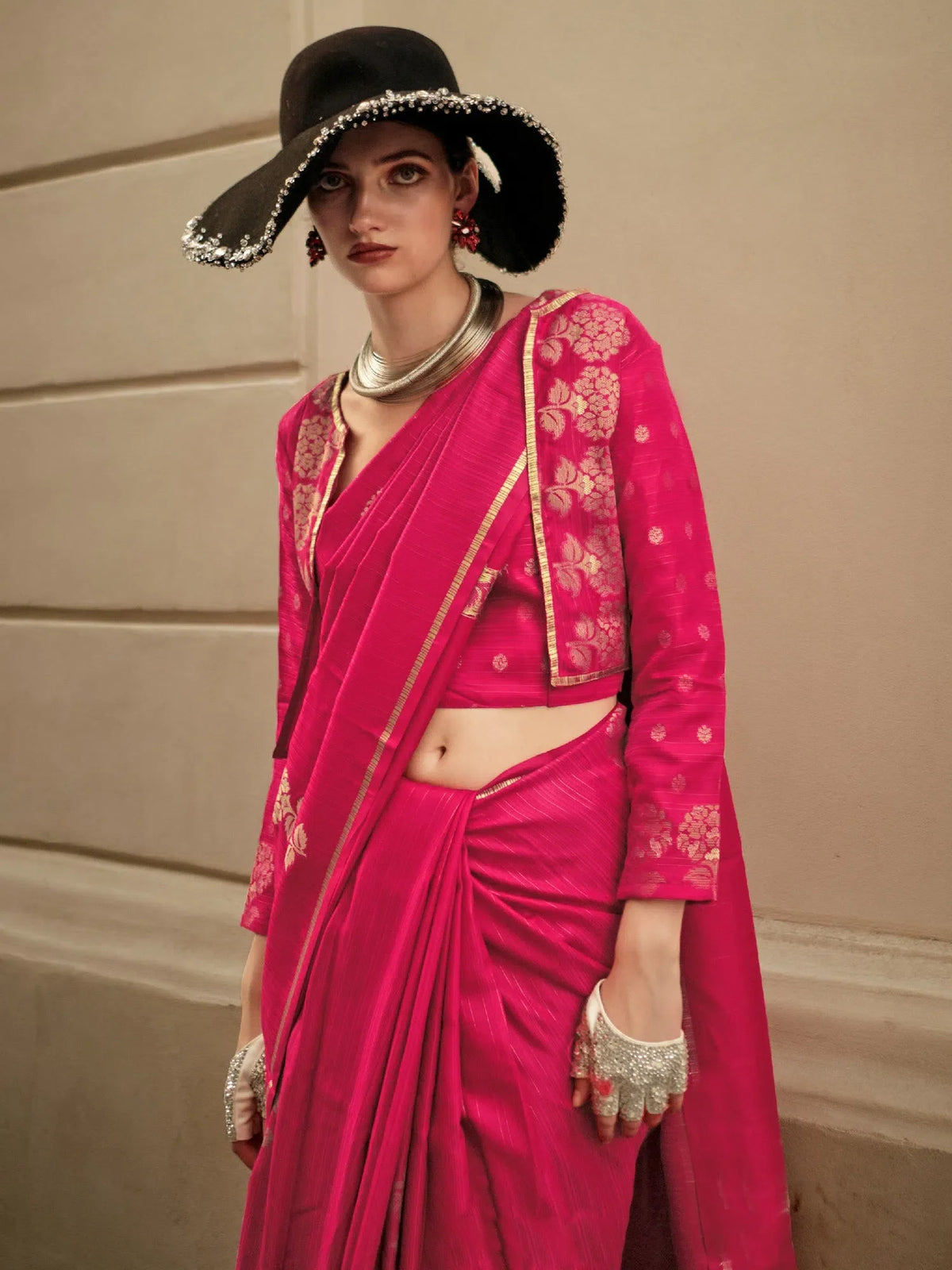 Women's Satin  Pink Woven Design Designer Saree With Blouse Piece-KRONICLE344005