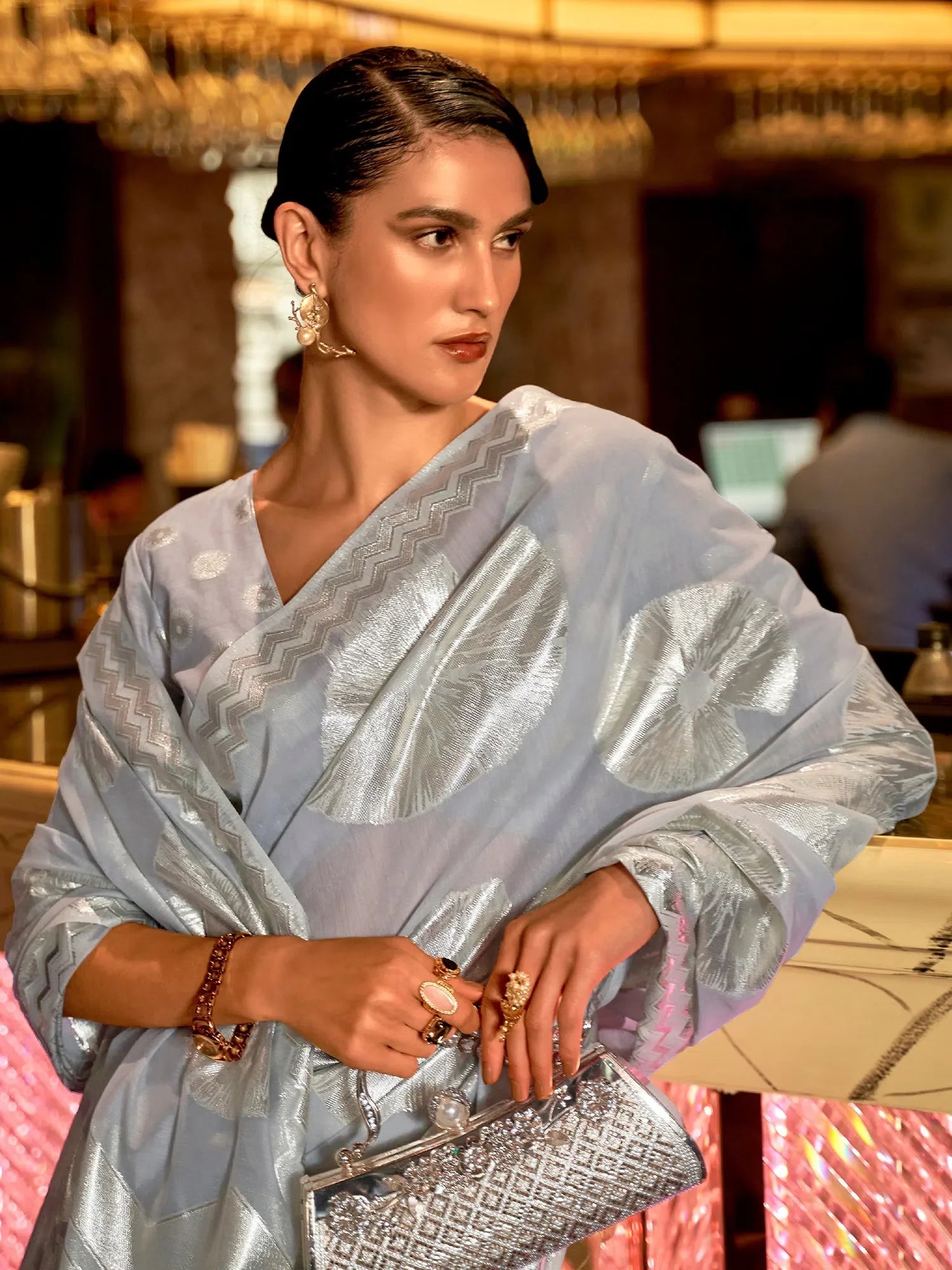 Modal Grey Saree - Woven Design Indian Sari | KROWN255002