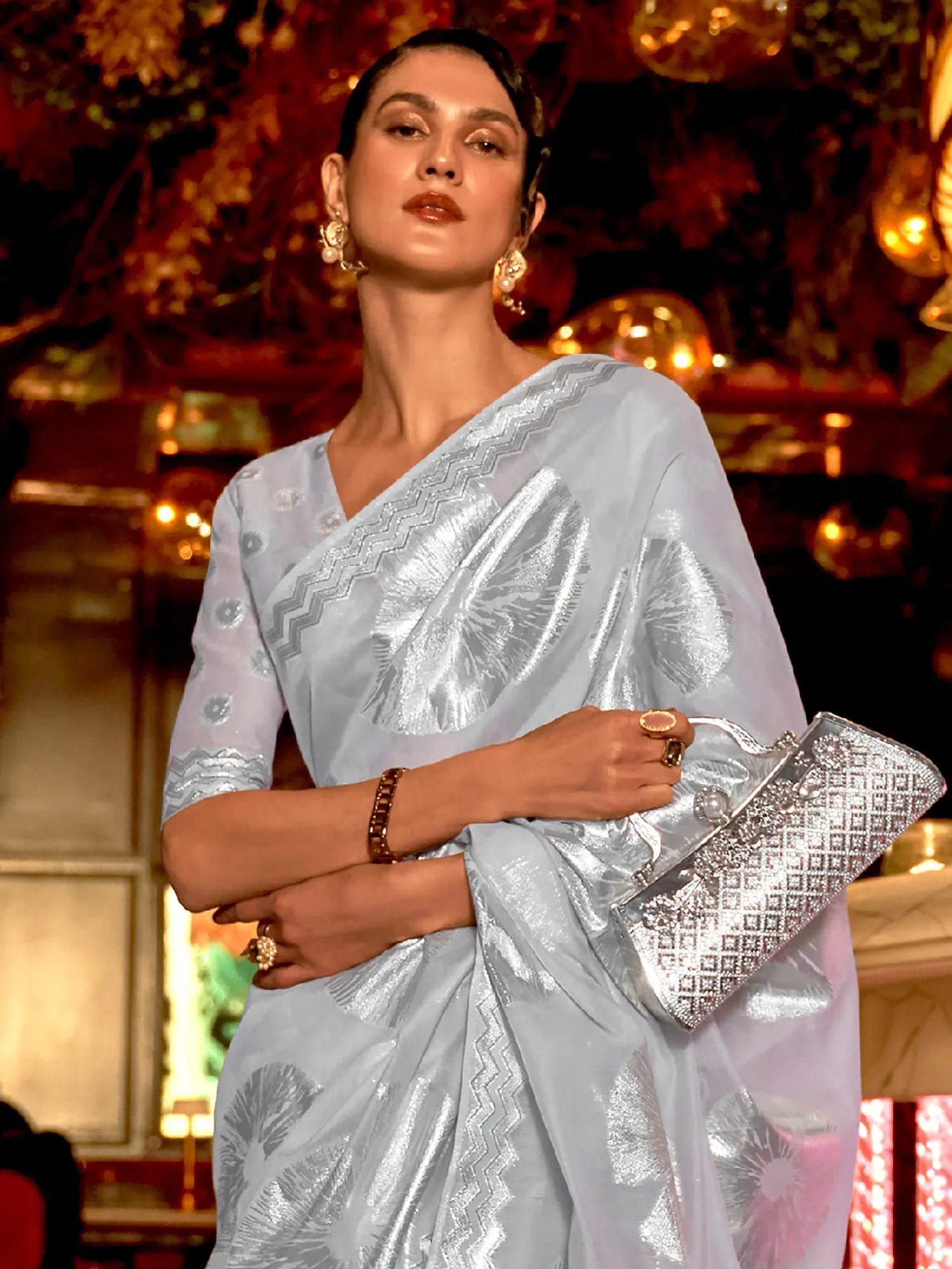 Modal Grey Saree - Woven Design Indian Sari | KROWN255002