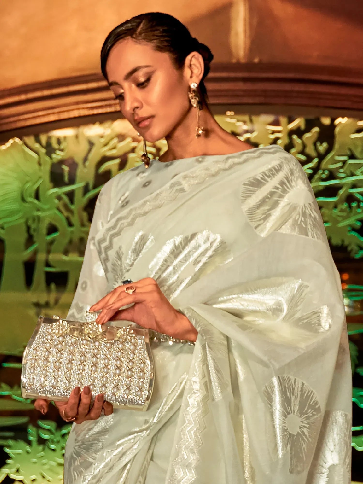 Olive Modal Saree - Woven Design & Blouse | Indian Sarees