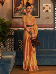 Women's Tissue Yellow Woven Design Designer Saree With Blouse Piece-KRSHNI1001