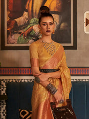 Women's Tissue Yellow Woven Design Designer Saree With Blouse Piece-KRSHNI1001