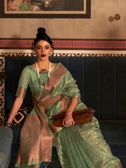 Women's Tissue Sea Green Woven Design Designer Saree With Blouse Piece-KRSHNI1002