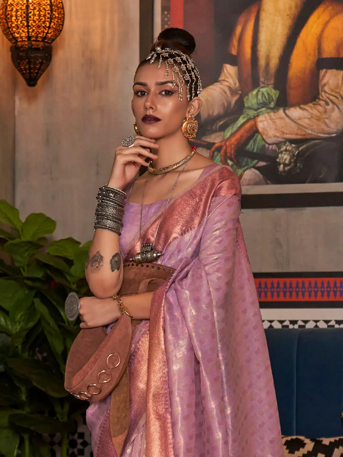 Women's Tissue Mauve Woven Design Designer Saree With Blouse Piece-KRSHNI1003