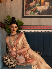 Women's Tissue Cream Woven Design Designer Saree With Blouse Piece-KRSHNI1004