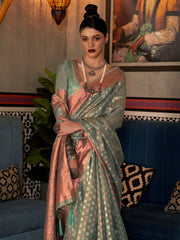 Women's Tissue Sea Green Woven Design Designer Saree With Blouse Piece-KRSHNI1006