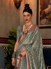 Women's Tissue Sea Green Woven Design Designer Saree With Blouse Piece-KRSHNI1006