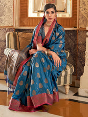 Women's Blend Blue Embroidered Woven Saree With Blouse Piece-KSHF235002