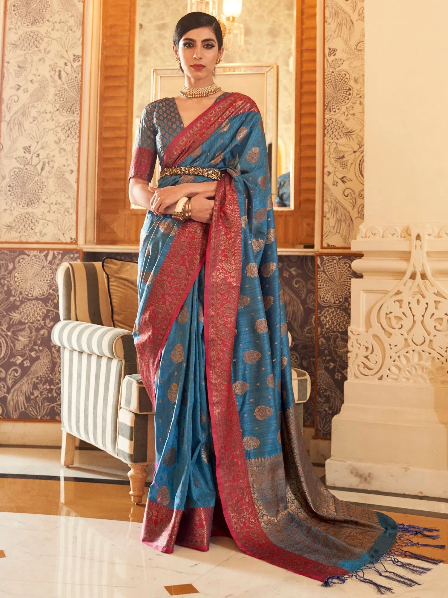 Teal Woven Polyester Saree - Indian Sarees & Blouse