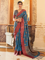 Women's Blend Blue Embroidered Woven Saree With Blouse Piece-KSHF235002