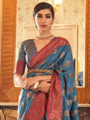Women's Blend Blue Embroidered Woven Saree With Blouse Piece-KSHF235002