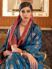 Women's Blend Blue Embroidered Woven Saree With Blouse Piece-KSHF235002