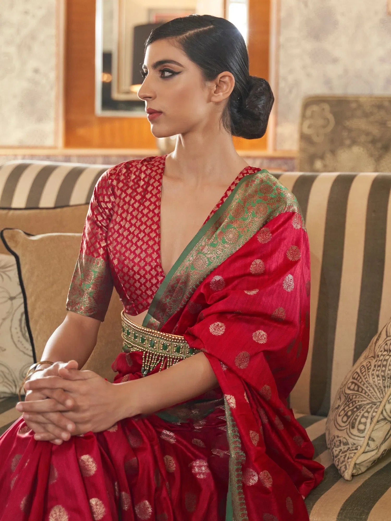 Red Woven Polyester Saree with Blouse | Designer Sarees India