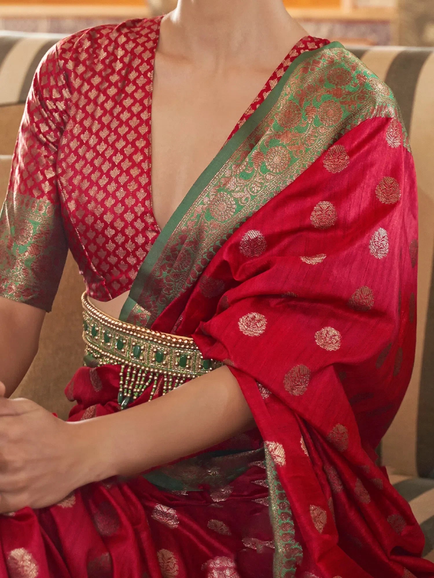 Red Woven Polyester Saree with Blouse | Designer Sarees India