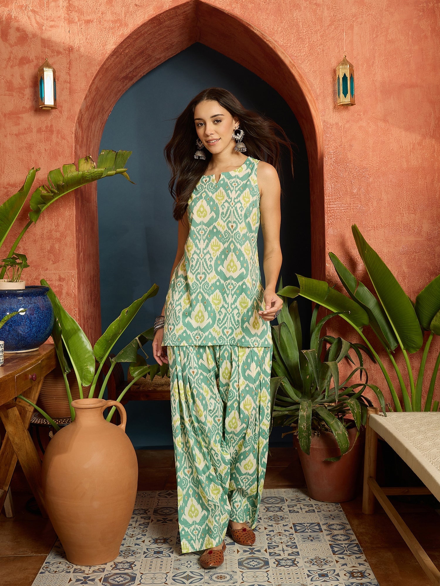 Women's Aqua Ikat Printed Pure Cotton Straight Kurti With Farshi Salwa