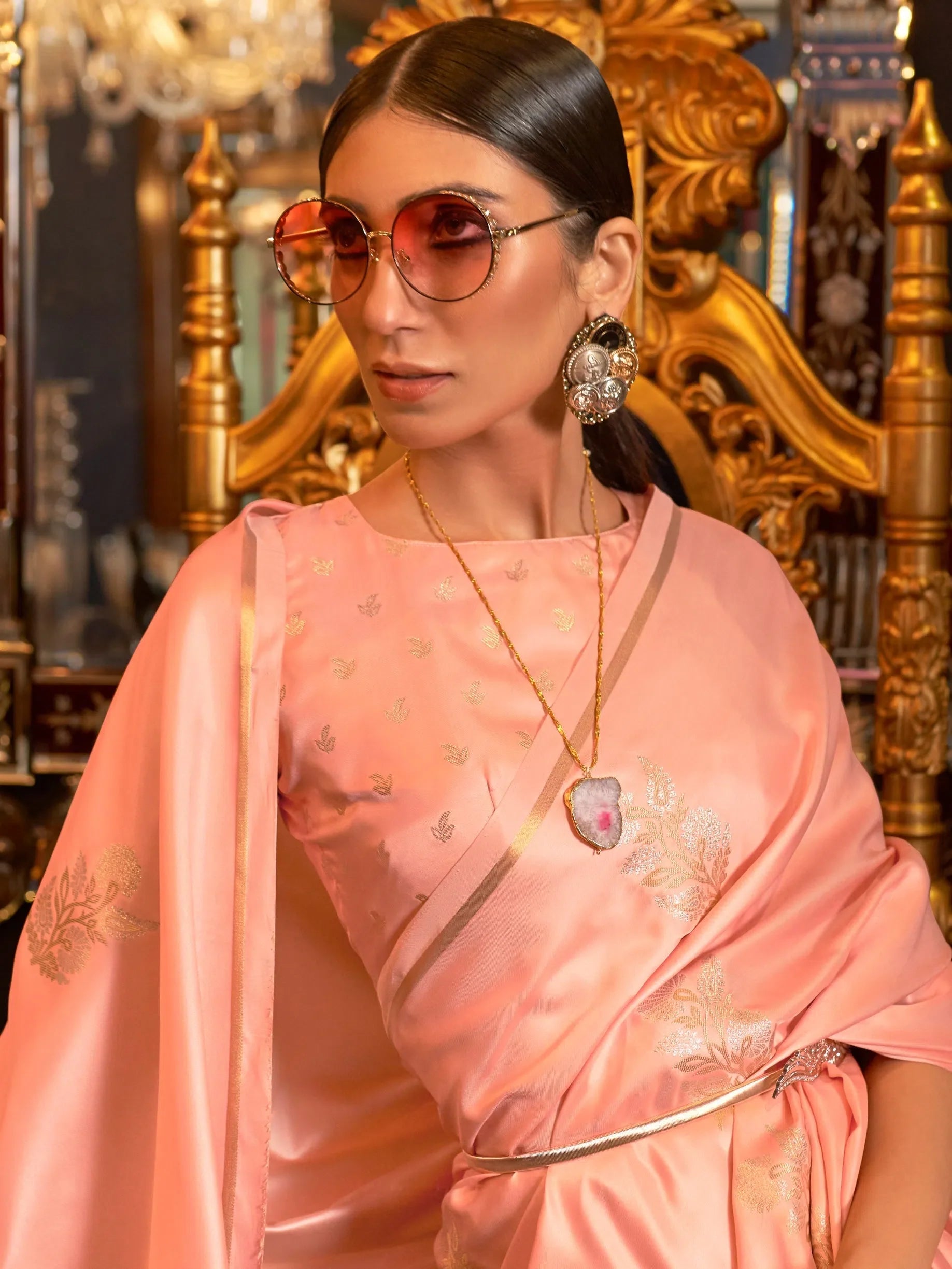 Peach Silk Saree - Banarasi Woven Design with Blouse
