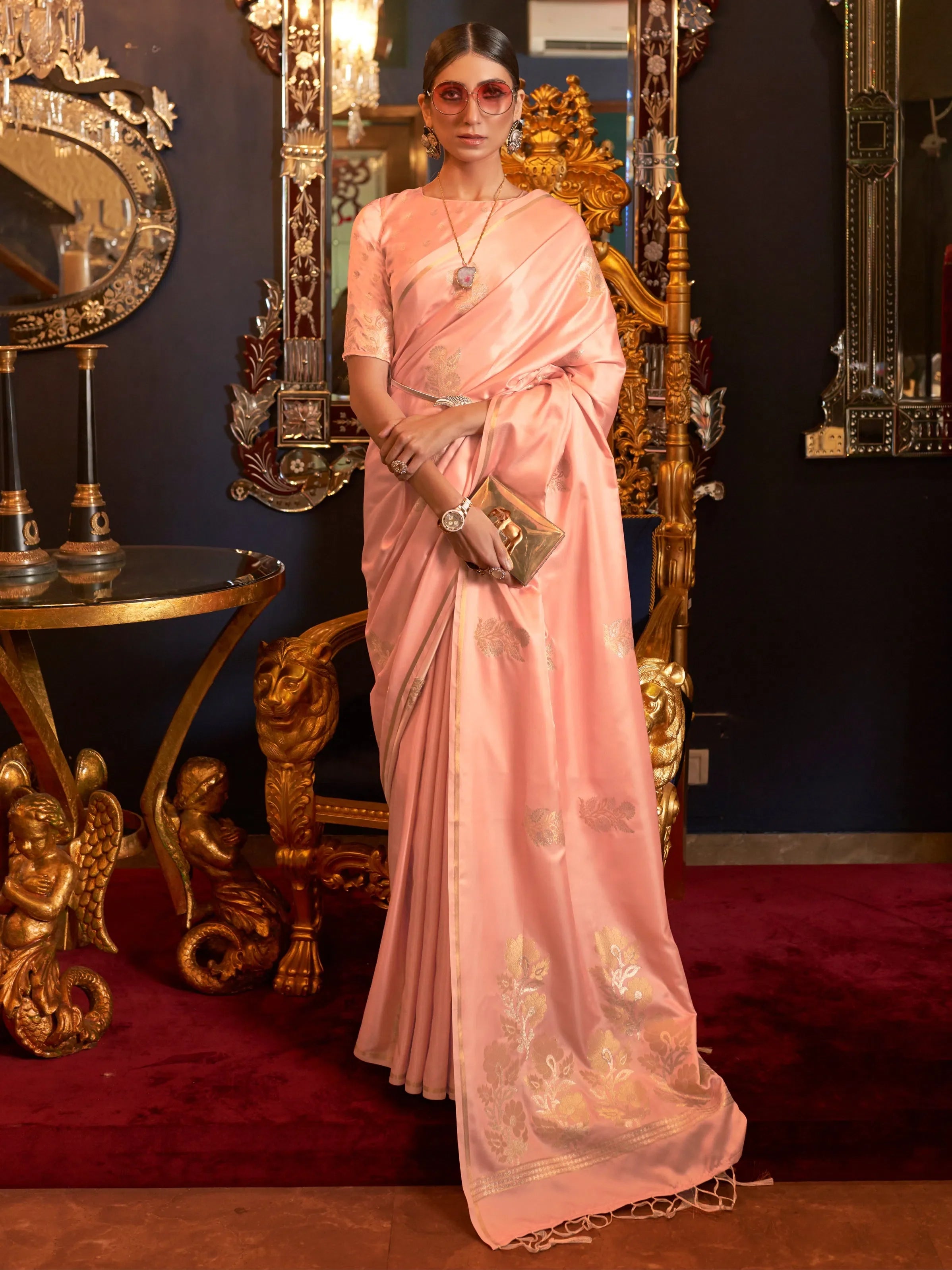 Peach Silk Saree - Banarasi Woven Design with Blouse