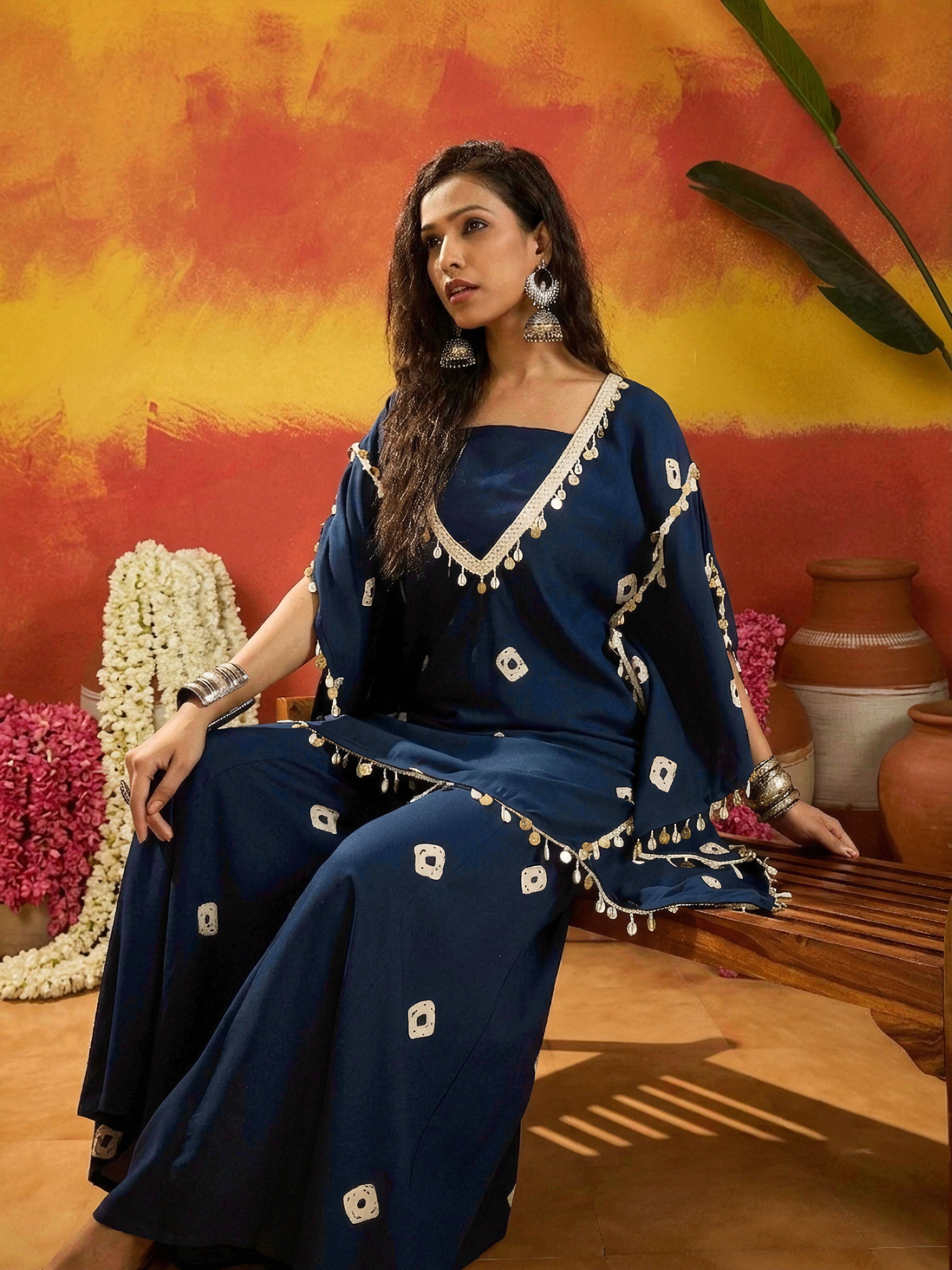 Women's Blue Bandhej Printed Rayon Kaftan Tube Top Sharara Set (KSBLUE