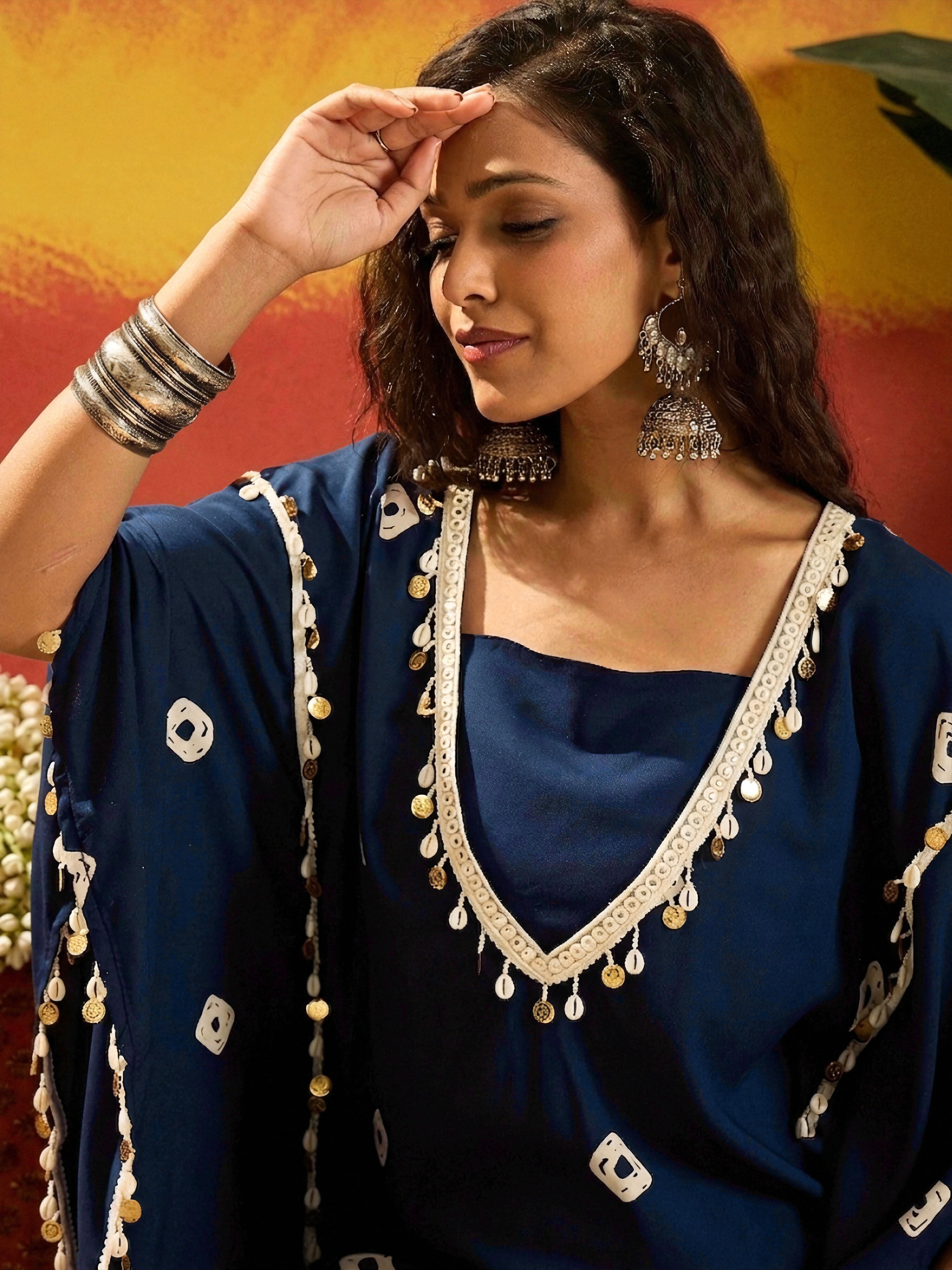 Women's Blue Bandhej Printed Rayon Kaftan Tube Top Sharara Set (KSBLUE