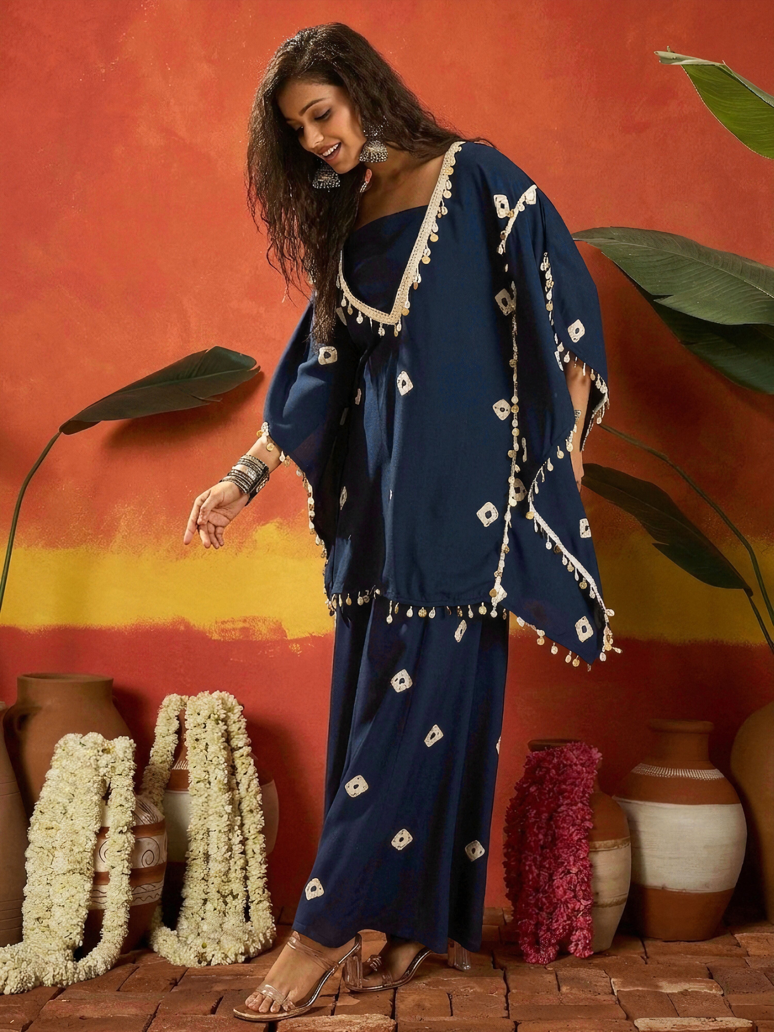 Women's Blue Bandhej Printed Rayon Kaftan Tube Top Sharara Set (KSBLUE