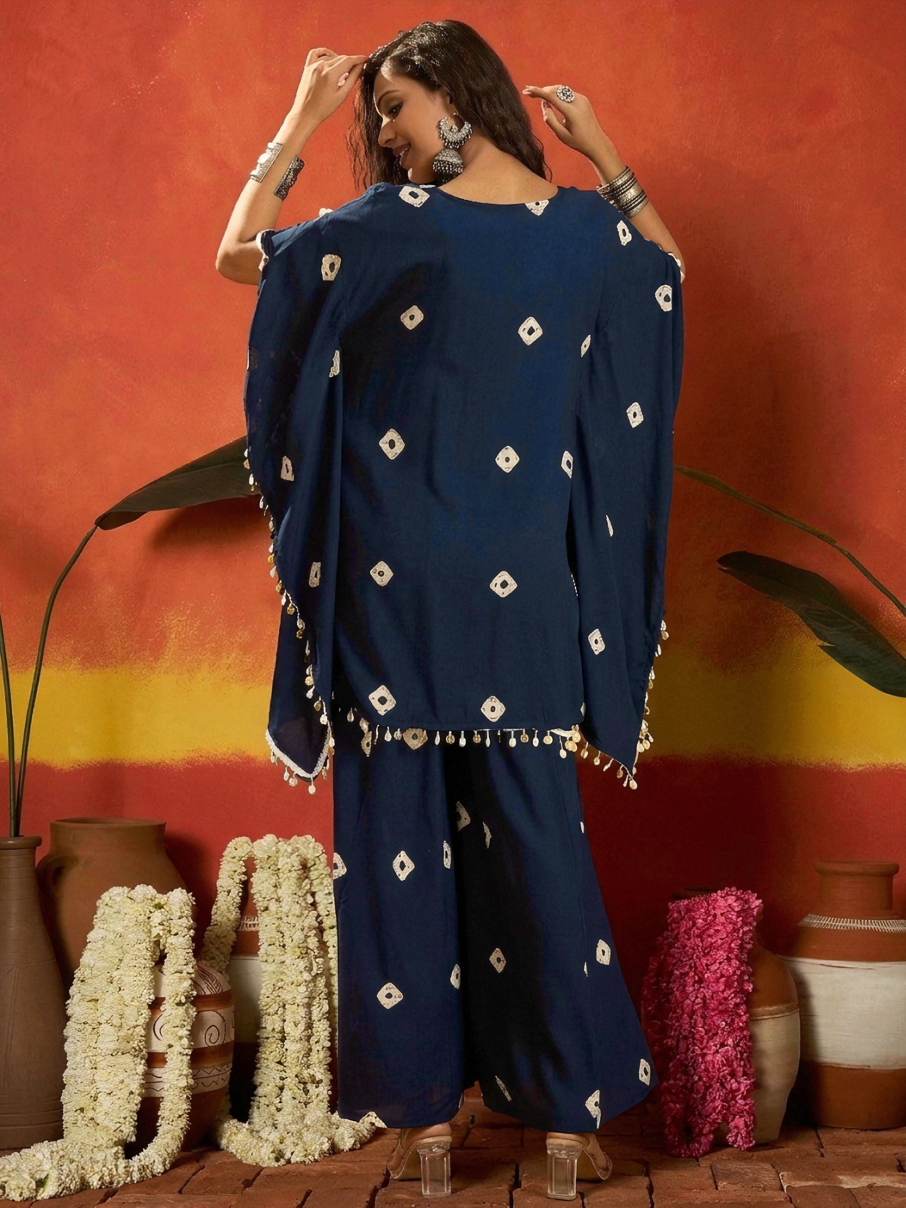 Women's Blue Bandhej Printed Rayon Kaftan Tube Top Sharara Set (KSBLUE
