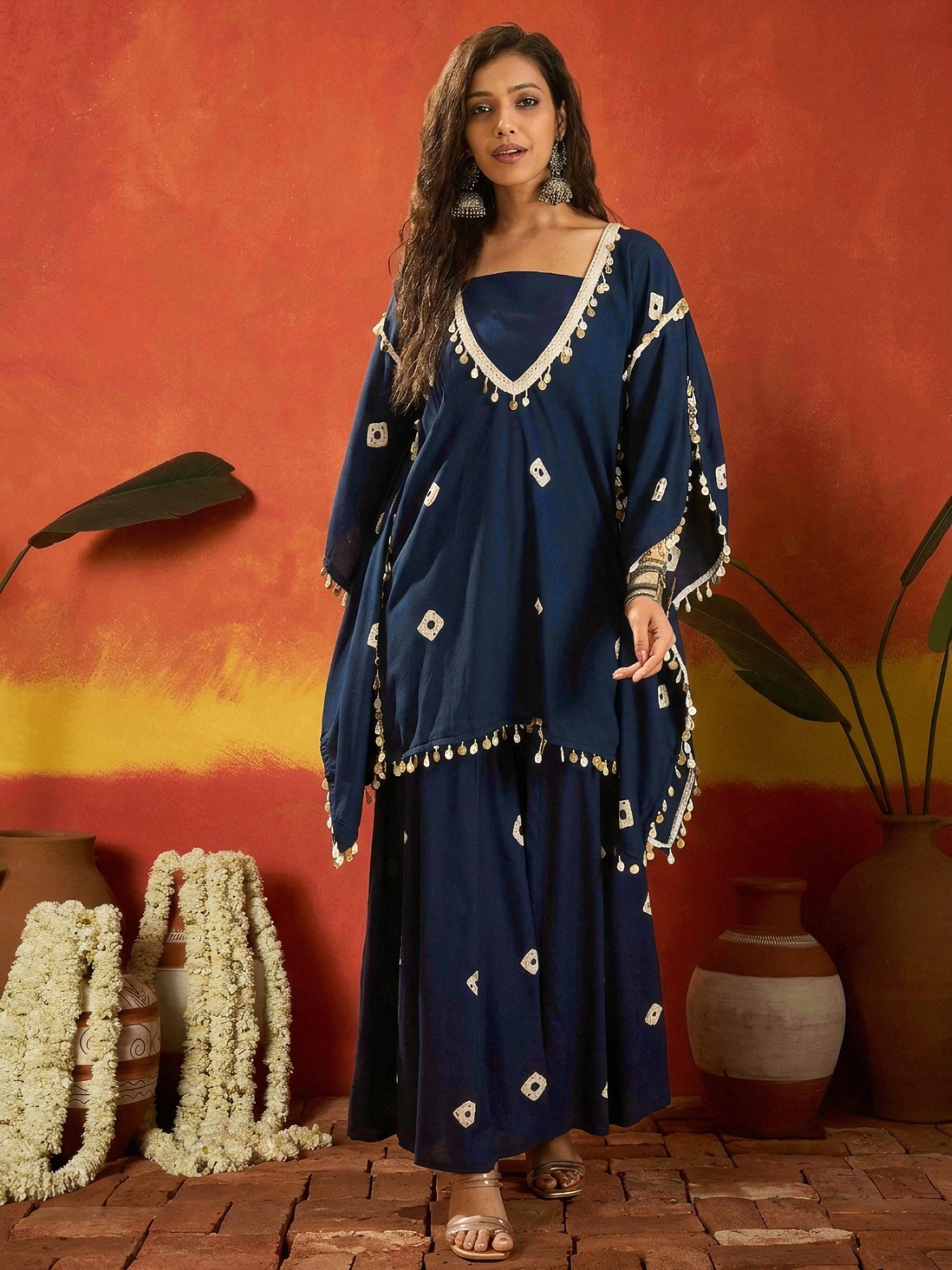 Women's Blue Bandhej Printed Rayon Kaftan Tube Top Sharara Set (KSBLUE