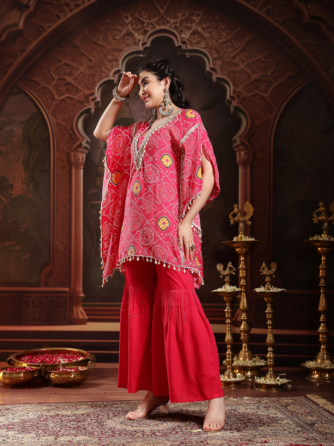 Women's Pink Bandhani Printed & Embroidered Crepe Kaftan Sharara Set (