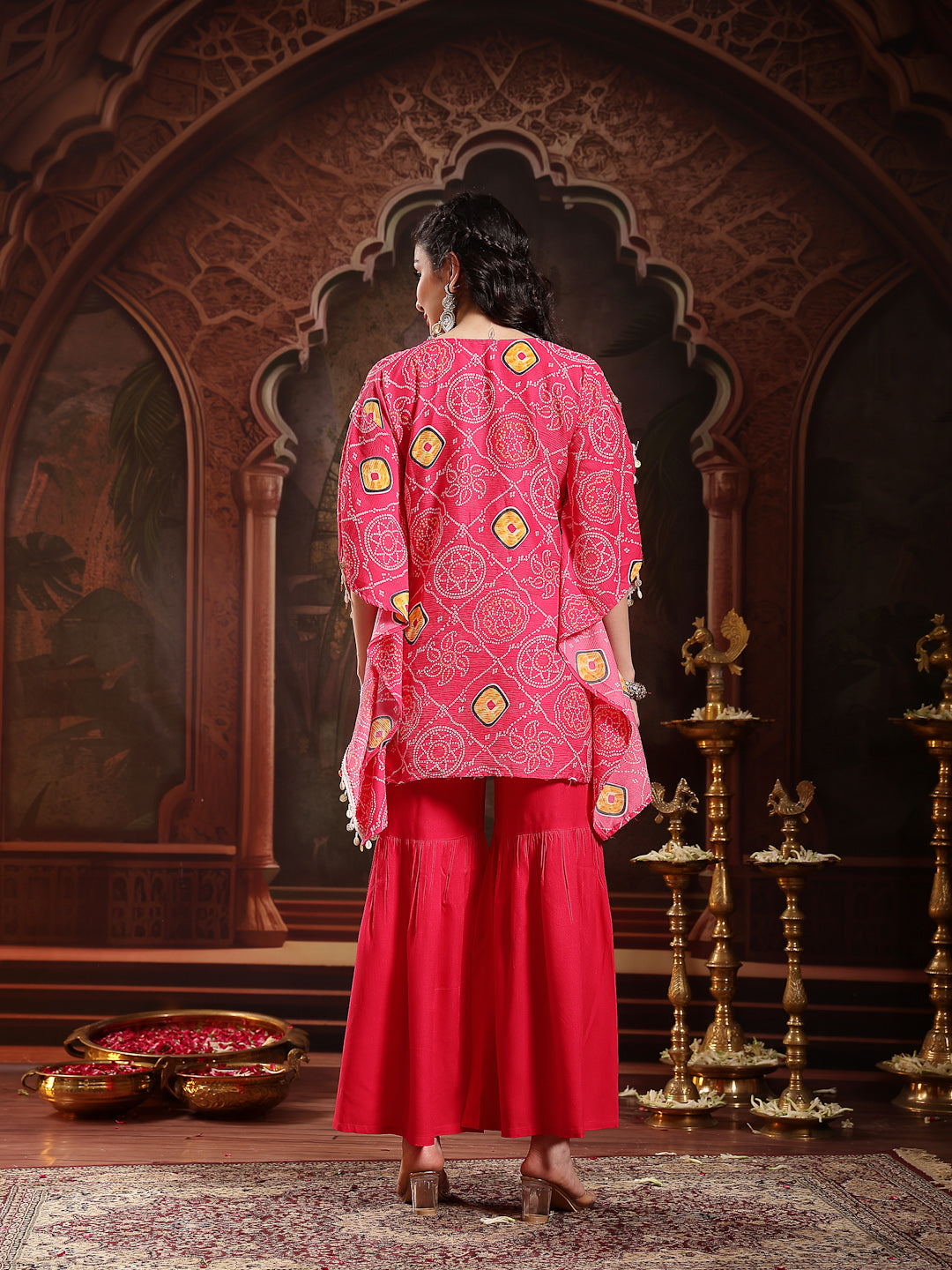 Women's Pink Bandhani Printed & Embroidered Crepe Kaftan Sharara Set (