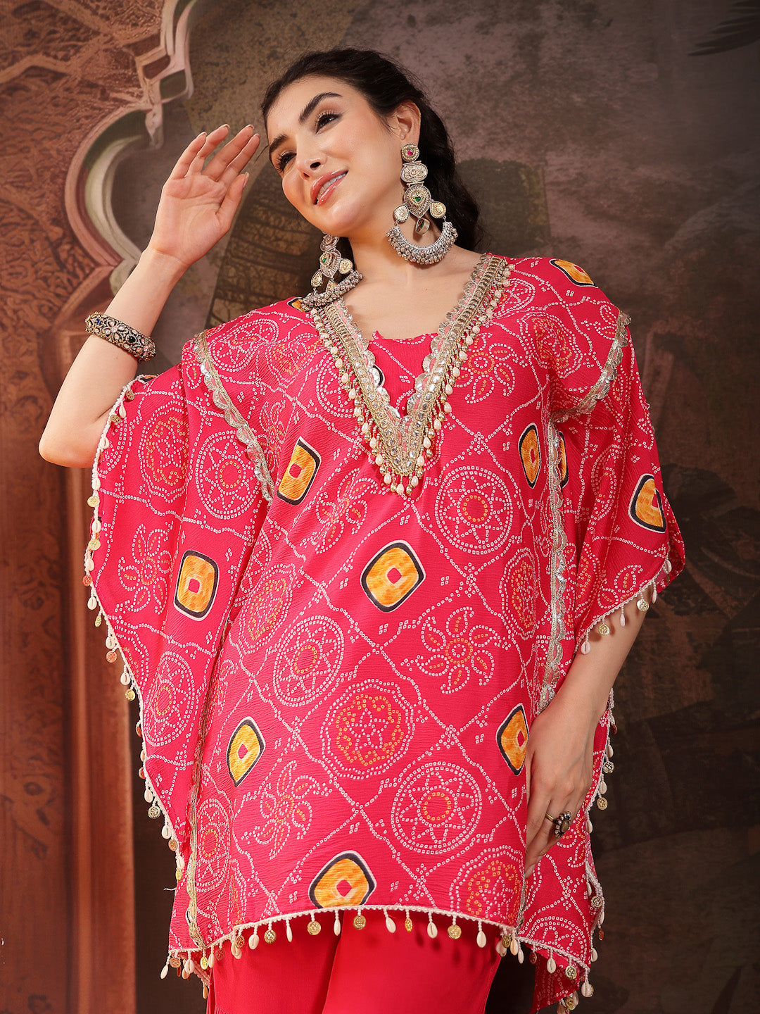 Women's Pink Bandhani Printed & Embroidered Crepe Kaftan Sharara Set (
