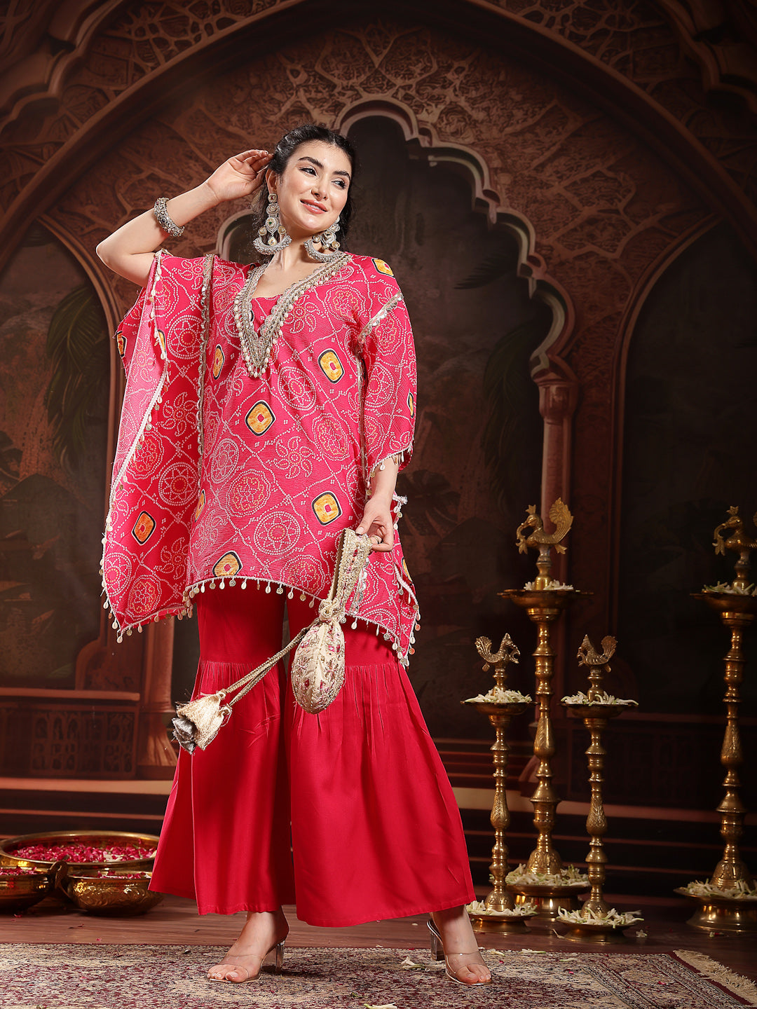 Women's Pink Bandhani Printed & Embroidered Crepe Kaftan Sharara Set (