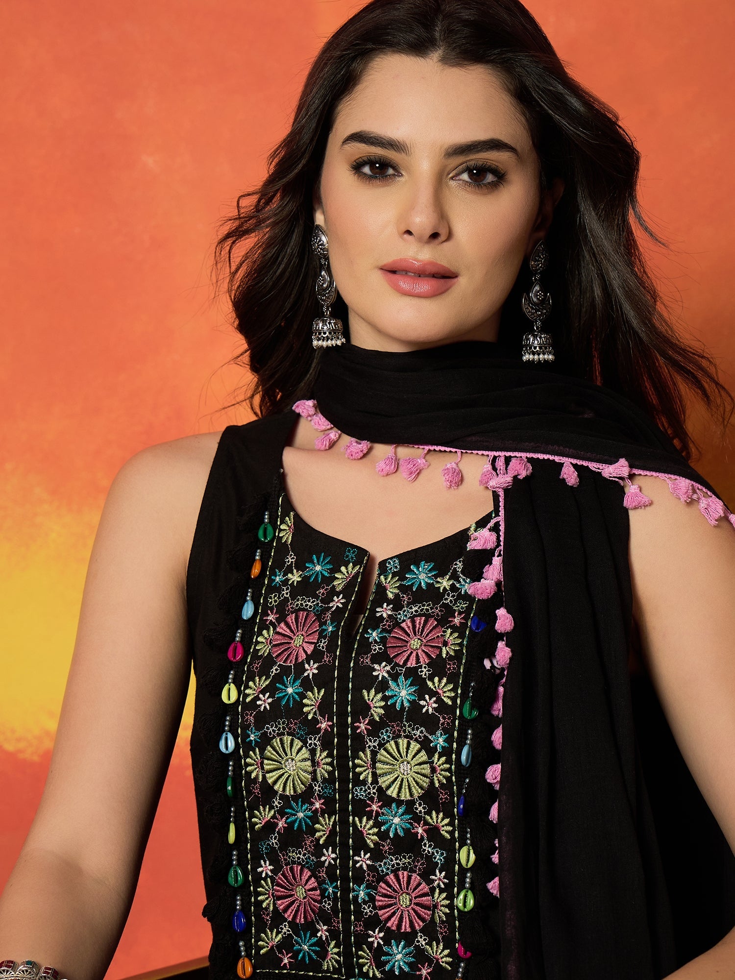 Women's Black Solid & Embroidered Pure Cotton Straight Kurti Farshi Sa