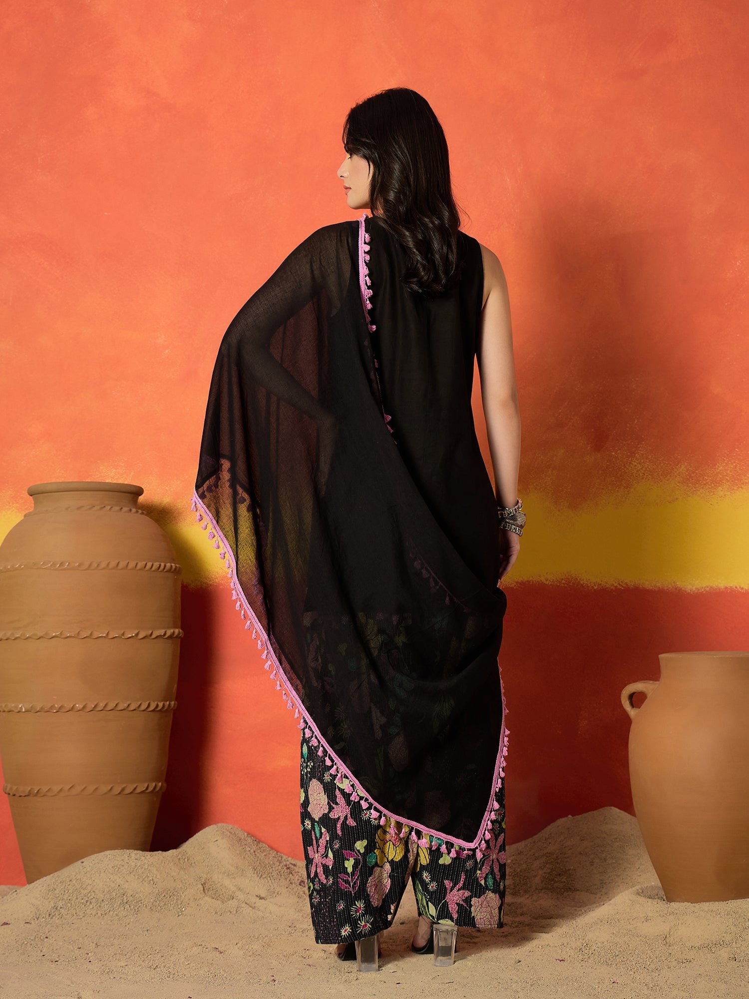 Women's Black Solid & Embroidered Pure Cotton Straight Kurti Farshi Sa